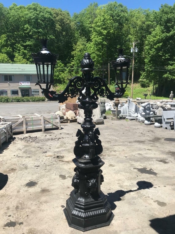Street Lamp Dual Arm Octagonal Pedestal Base Matte Black