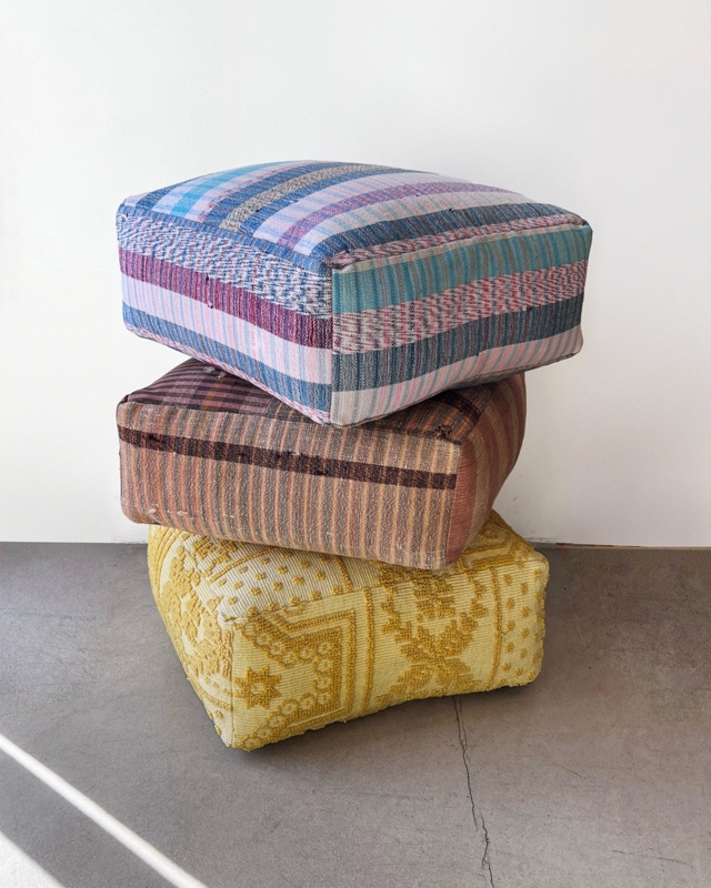 Striped Textile Pouf Ottoman: Raised Embroidery & Soft Edges