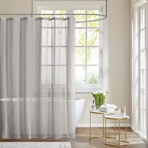 Subtle Striped Shower Curtain, Sheer Gray Fabric, Modern Minimalist Spa.