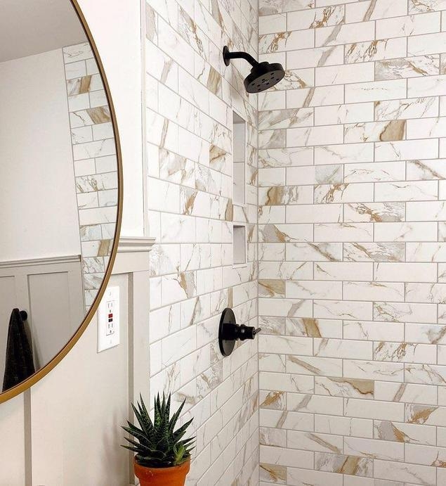 Subway Tile Gold Veined Marble Look Running Bond Pattern Shower