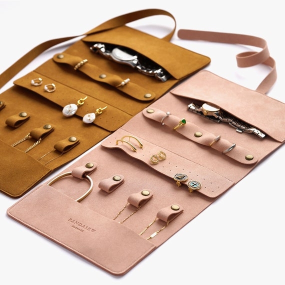 Suede-Like Jewelry Roll, Microfiber Travel Organizer with Snap-Down Straps