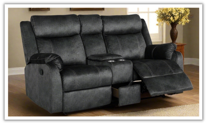 Sueded Reclining Loveseat: Charcoal Grey Microfiber, Storage Drawer