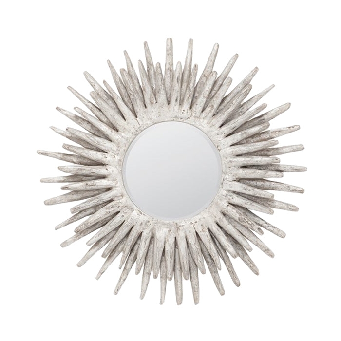 Sunburst Mirror Distressed Silver with Organic Wood Texture