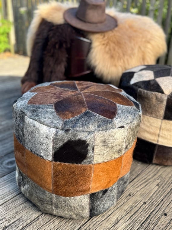 Sunburst Pattern Ottoman Pouf: Hair-on-Hide & Cognac Leather Band