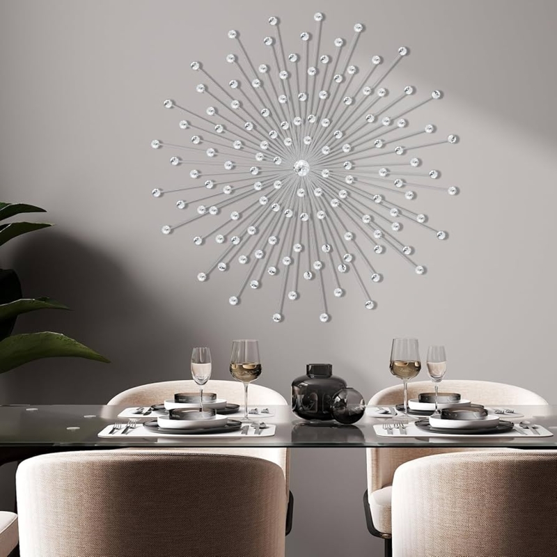 Sunburst Wall Decor with Faceted Crystals in Silver Metallic