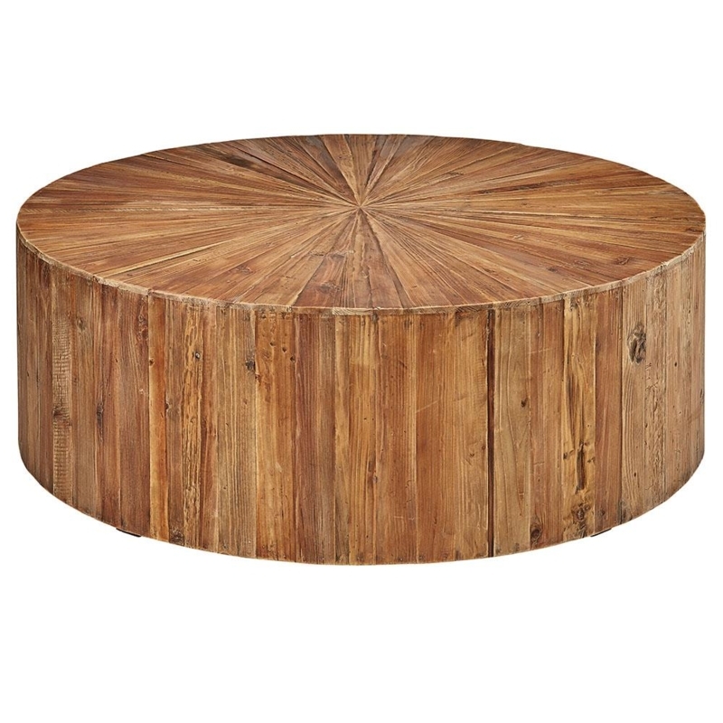 Sunburst Wood Coffee Table Round Drum Vertical Slats Rustic