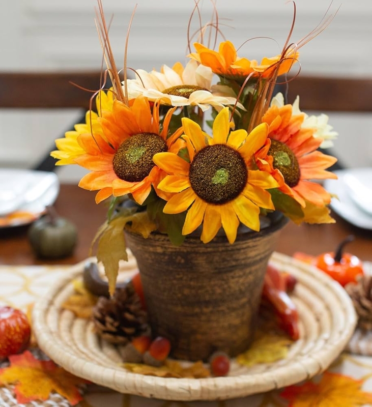 Sunflower Arrangement, Burnt Orange Petals, Weathered Tapered Pot, Autumnal