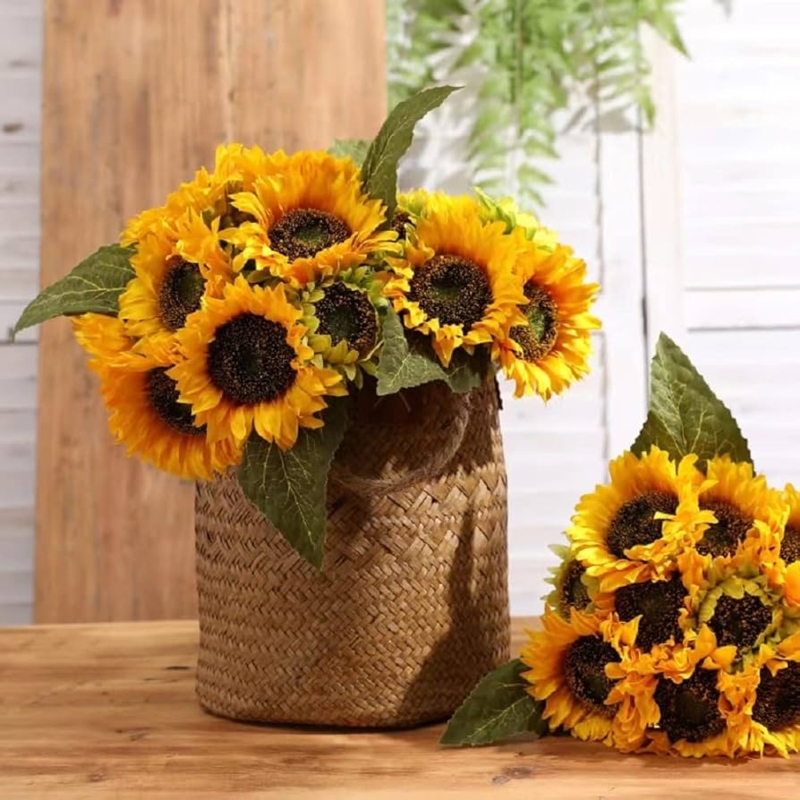Sunflower Arrangement in Woven Basket, Cylindrical Vessel, Rustic Decor