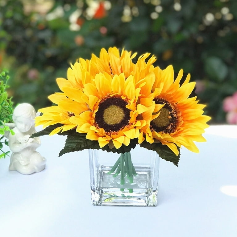 Sunflower Arrangement, Square Glass Vase, Faux Water Resin, Modern Farmhouse