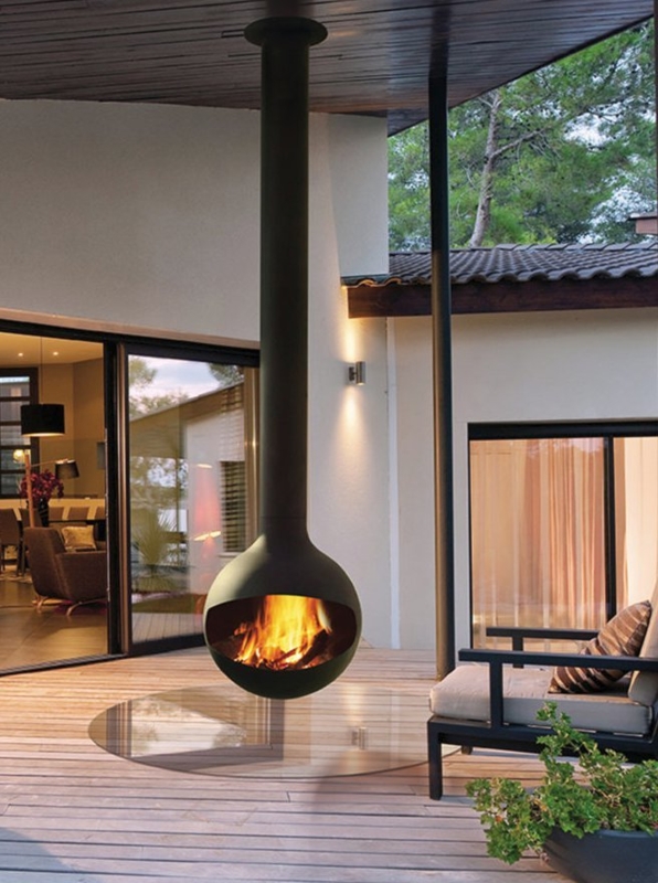 Suspended Fireplace with Spherical Design in Matte Black Metal