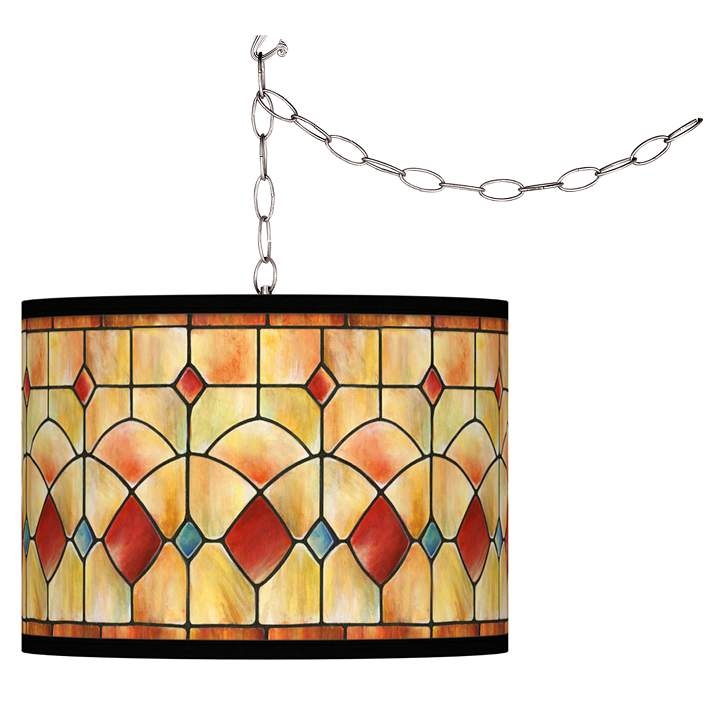 Swag Pendant Geometric Giclee Pendant Drum Shade Red Amber Print