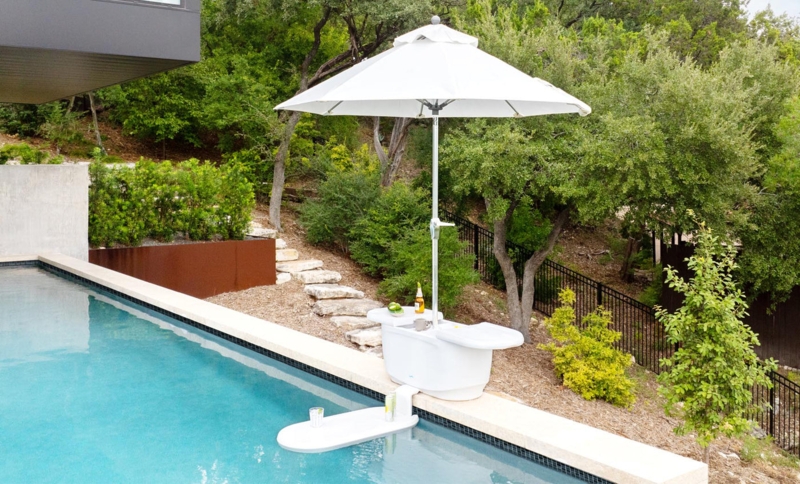 Swim Up Bar: Crisp White Clamp-On Design with Submerged Serving Tray.
