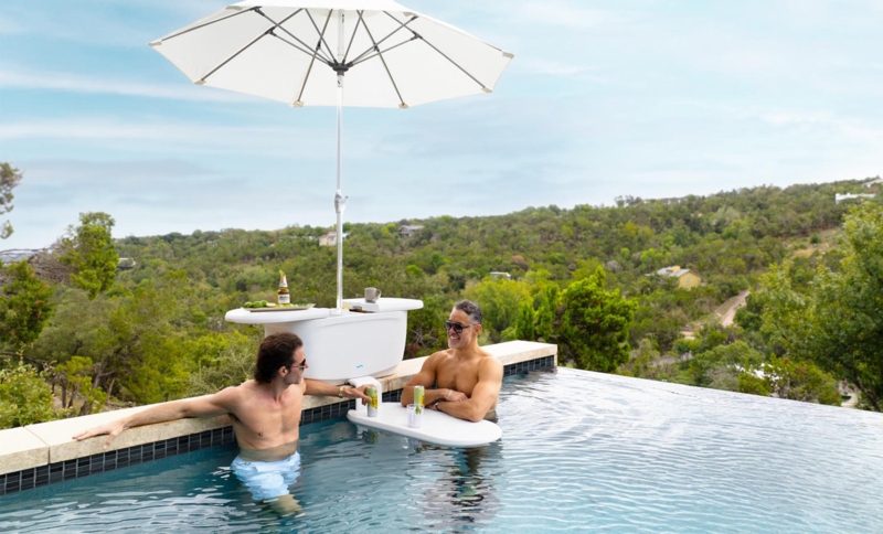 Swim Up Bar: Portable Cooler Basin Unit in Crisp White with Umbrella.