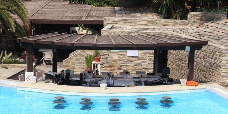 Swim Up Bar: Reed Thatch Roof Pergola over Dry Stack Masonry Counter.
