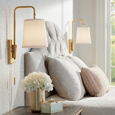 Swing Arm Wall Lamp in Brushed Brass with Tapered Shade and Pull Cord