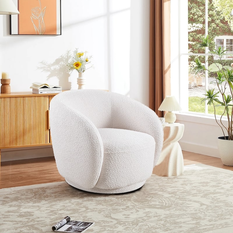 Swivel Accent Chair: Creamy White Bouclé Texture, Modern Japandi Style
