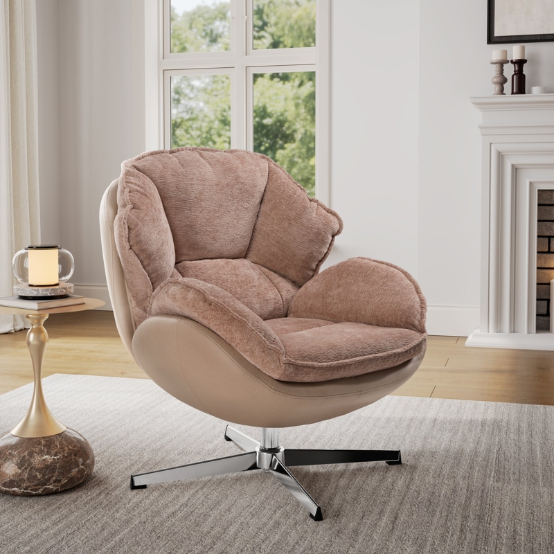 Swivel Accent Chair Mixed Texture Dusty Rose Polished Chrome Base