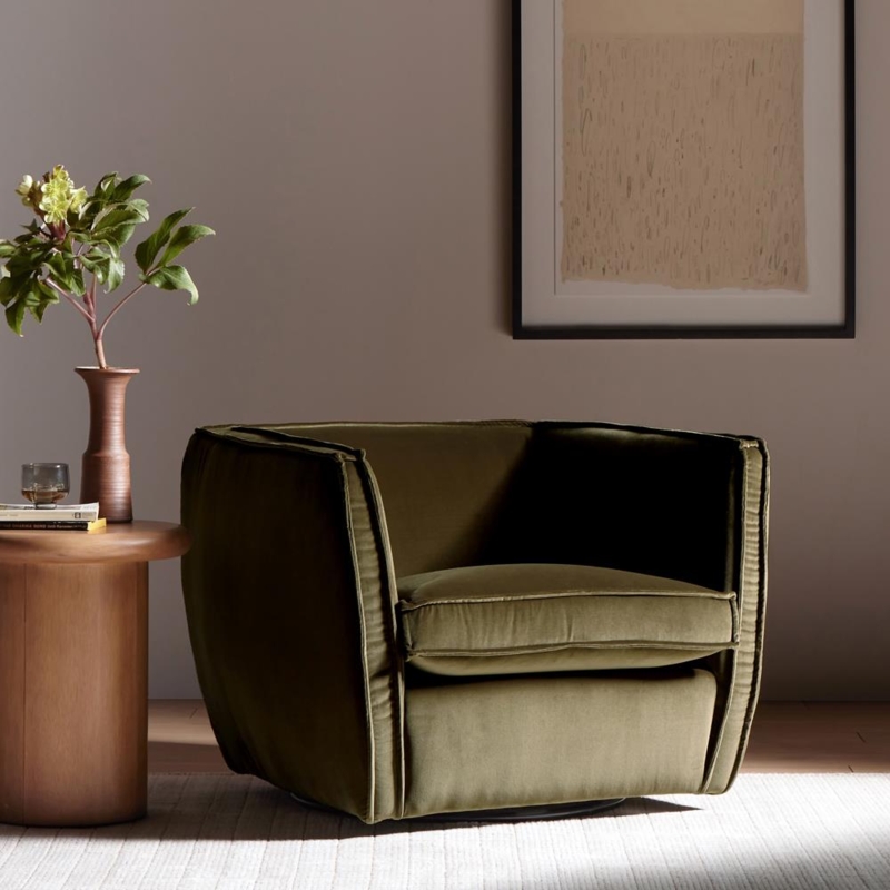 Swivel Accent Chair Olive Green Velvet Flanged Seams Barrel