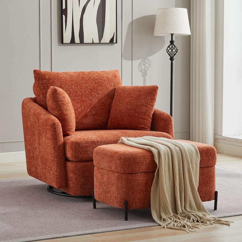 Swivel Accent Chair Rust Orange Nubby Texture Matching Ottoman