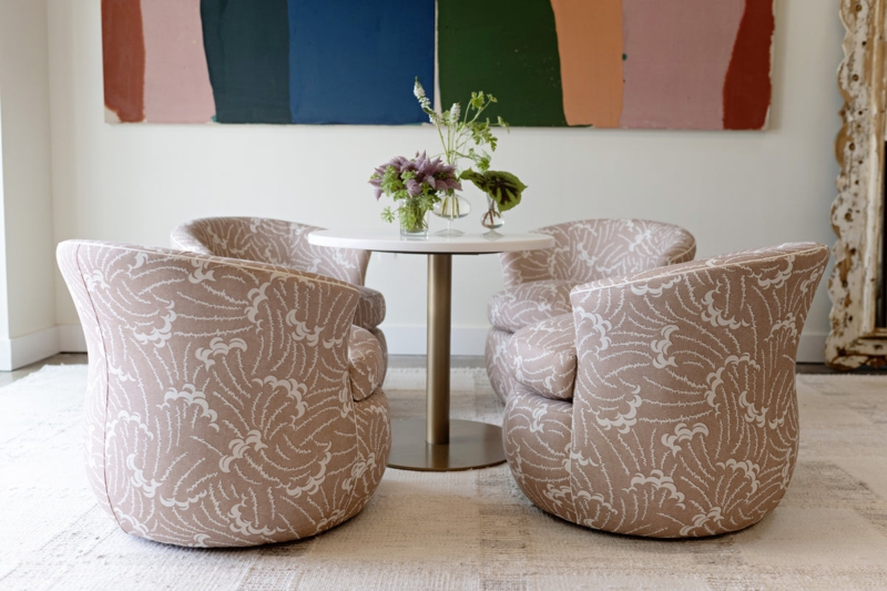 Swivel Accent Chair Wave Motif Pattern Dusty Rose Curved Tub