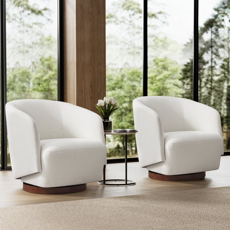 Swivel Accent Chair Wood Base Cream Boucle Barrel Organic