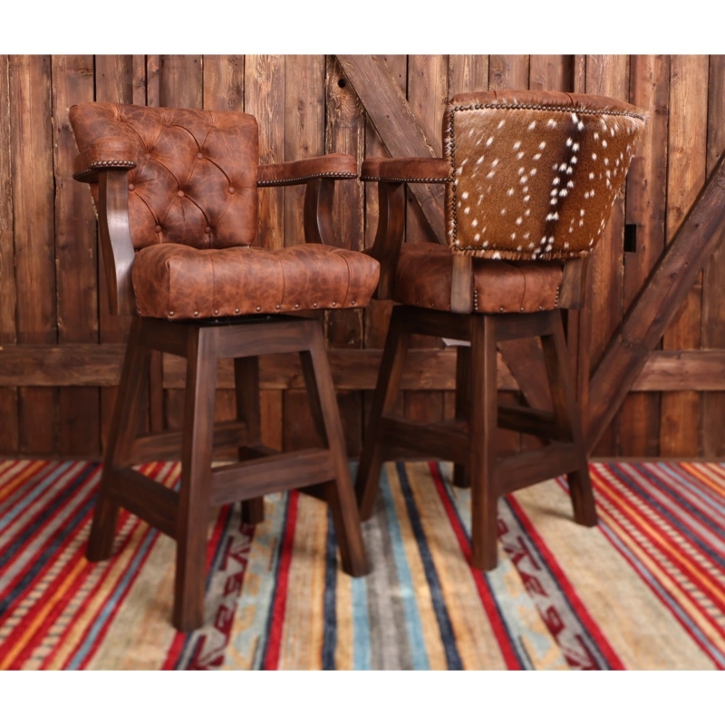 Swivel Bar Stool, Axis Hide Back, Button Tufted Leather, Lodge Style