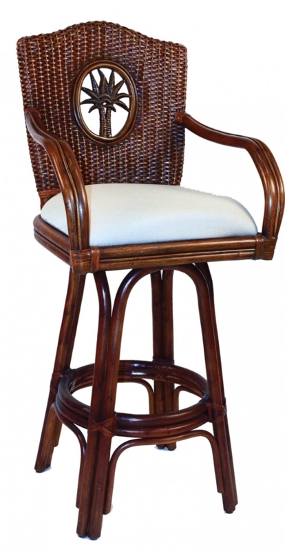 Swivel Bar Stool Carved Palm Tree Medallion with Woven Backrest