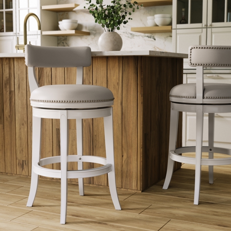 Swivel Bar Stool Cream White Frame Nailhead Trim Taupe Upholstery