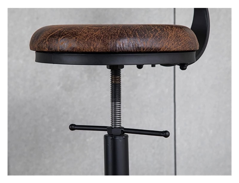 Swivel Bar Stool, Vintage Screw Thread Adjustment, Distressed Brown Seat