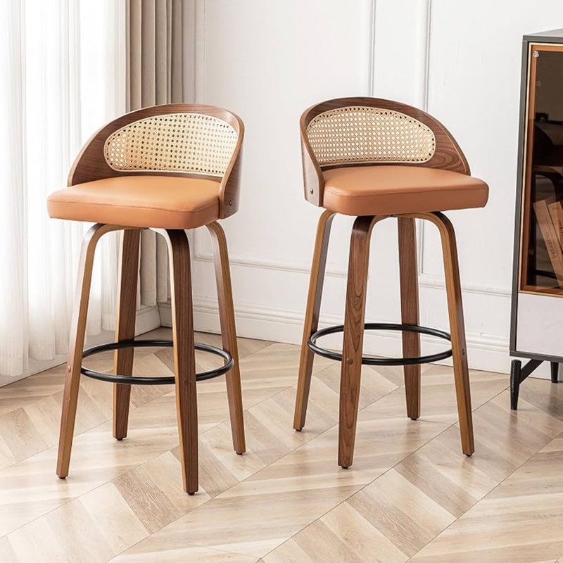 Swivel Bar Stool Walnut Wood Cognac Leather Seat Rattan Back