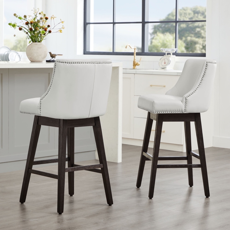 Swivel Bar Stool with Nailhead Trim and Dark Wood Frame