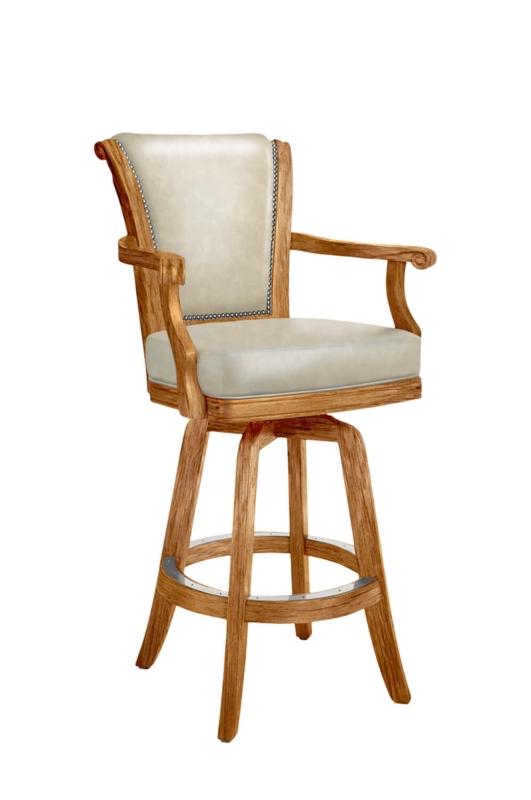 Swivel Bar Stool with Scroll Arms and Nailhead Trim in Oak