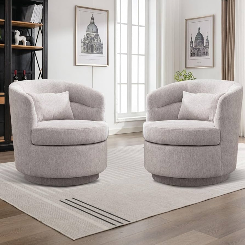 Swivel Barrel Chair Set: Heathered Grey with Matching Lumbar Pillows