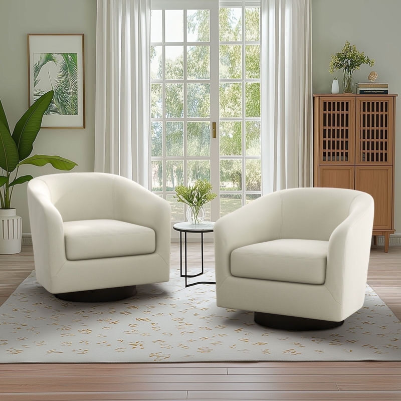 Swivel Barrel Chairs: Cream Upholstery Set with Dark Wood-Toned Base