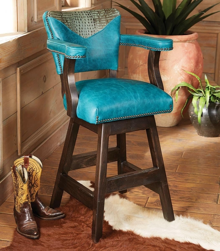 Swivel Barstool, Alligator Embossed Back, Turquoise Upholstery, Western