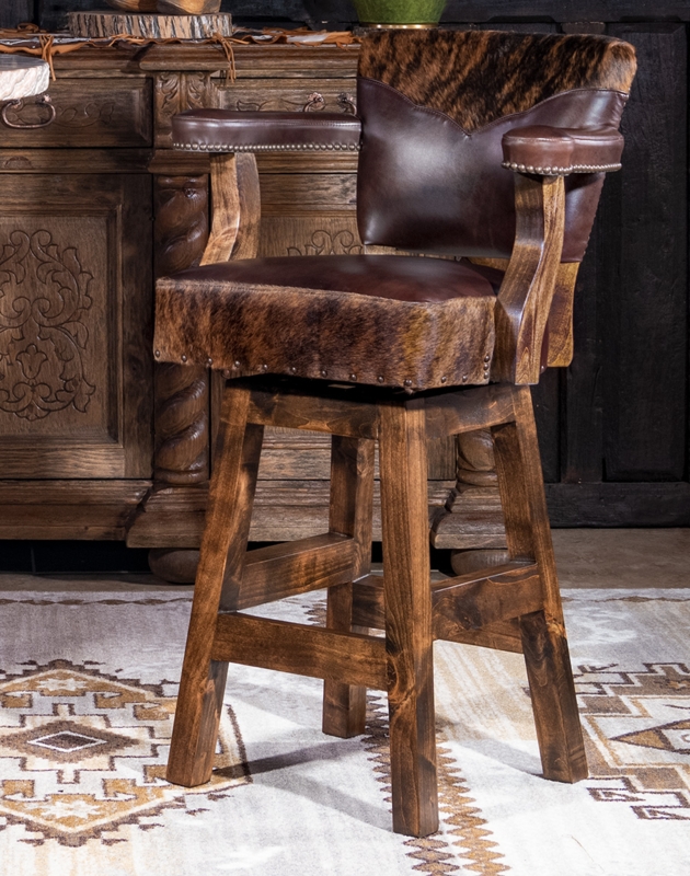 Swivel Barstool featuring Brindle Cowhide Accents and Nailhead Detailing