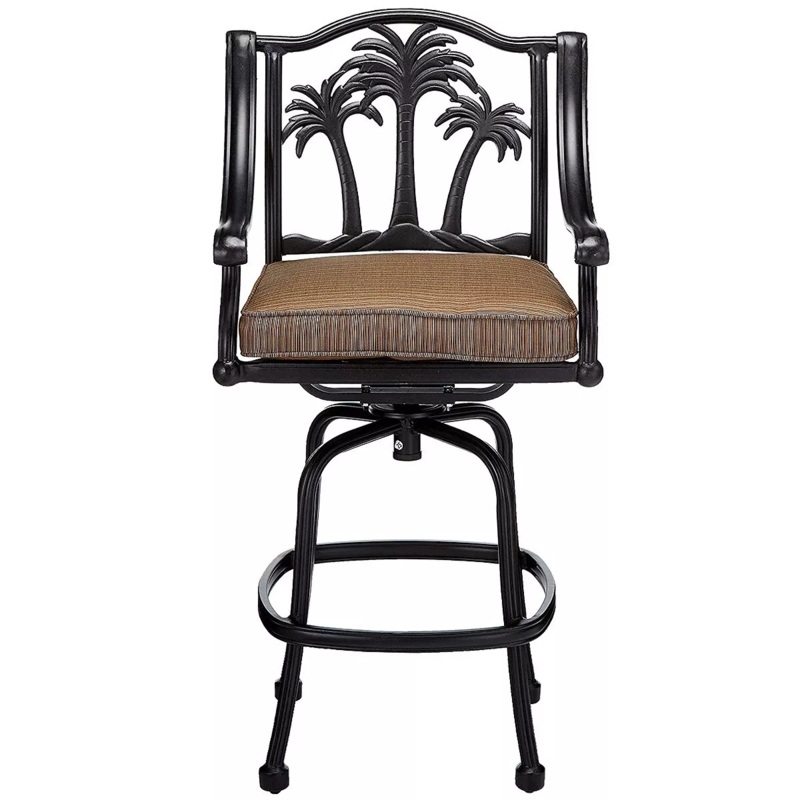 Swivel Barstool Palm Tree Motif Backrest in Matte Black Metal