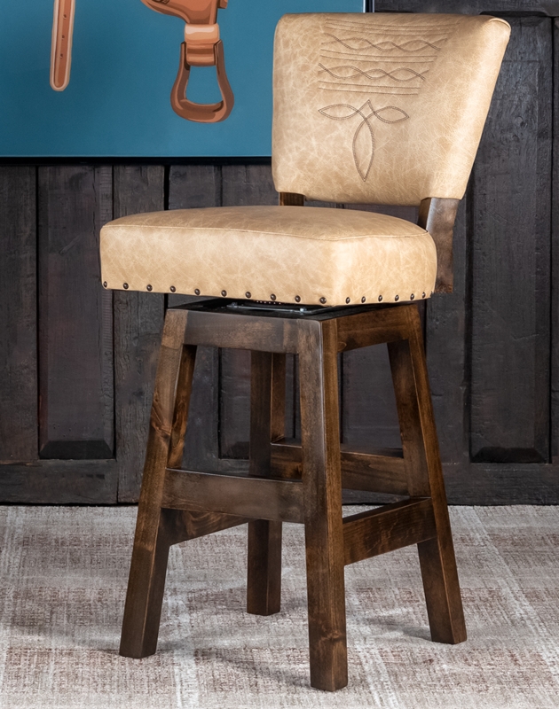Swivel Barstool, Palomino Leather with Western Embroidery, Rustic Ranch