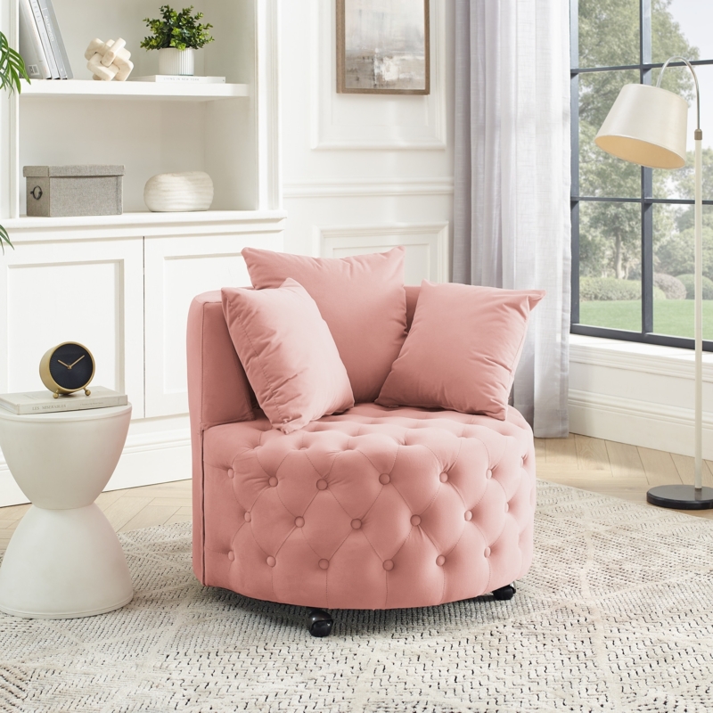 Swivel Chair: Blush Pink Velvet Button Tufted Base with Caster Wheels