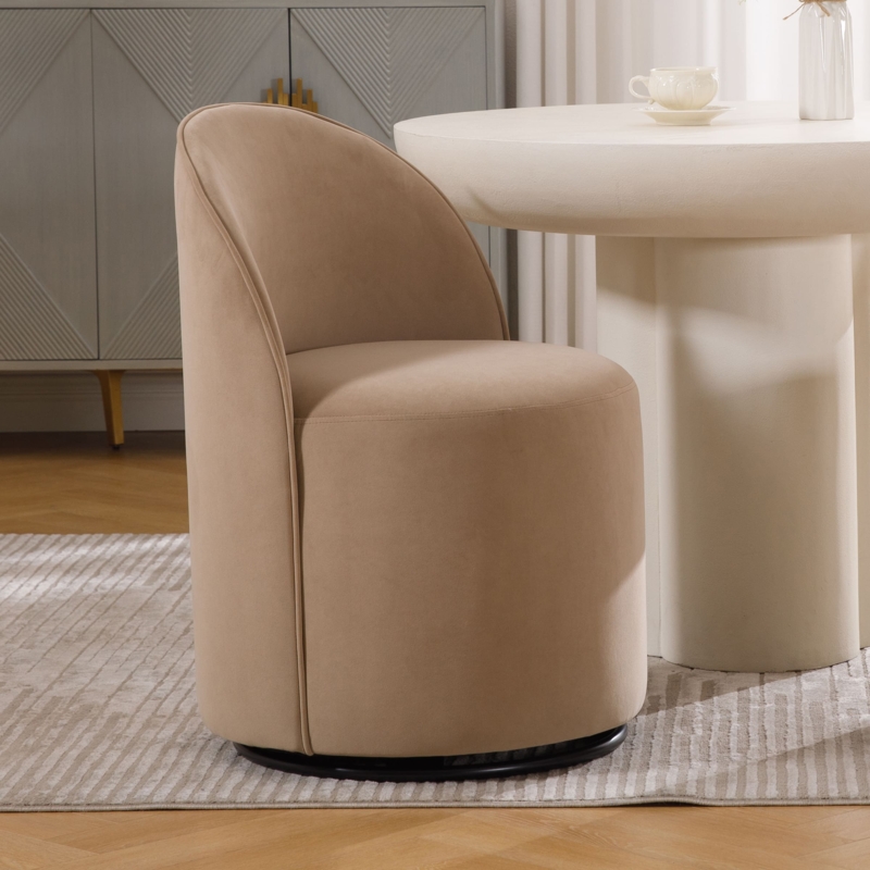 Swivel Dining Chair: Khaki Beige Velvet Cylindrical Legless Design