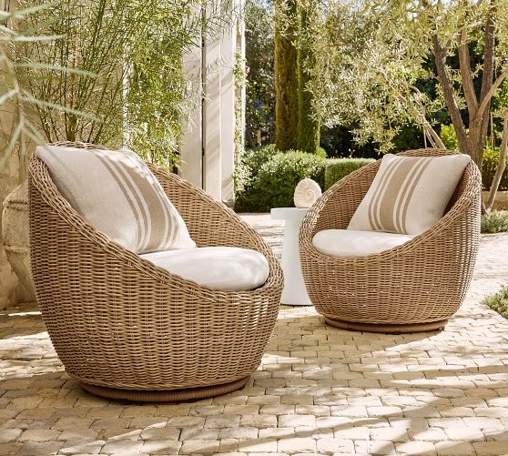 Swivel Lounge Chair Woven Papasan Frame Striped Pillows Coastal Modern