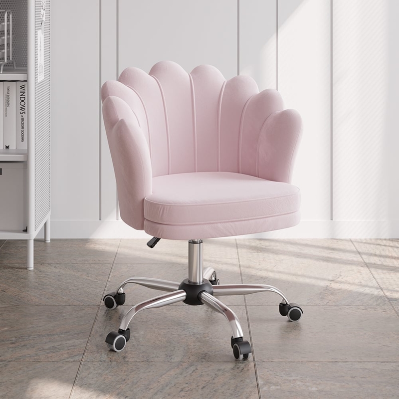 Swivel Office Chair featuring Scalloped Back in Pastel Pink Velvet