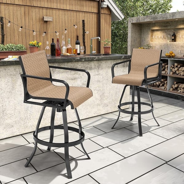 Swivel Outdoor Bar Stool Tan Woven Mesh Flared Legs