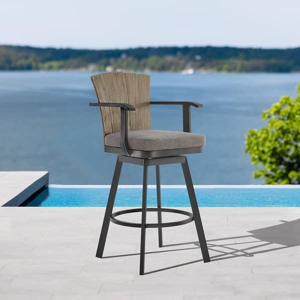 Swivel Patio Bar Stool Teak Wood Backrest Matte Black