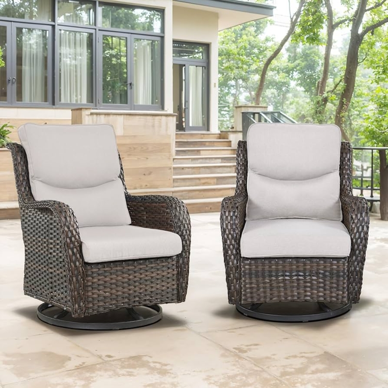 Swivel Patio Chair Set with Rocker Base, Dark Brown Wicker, High Back