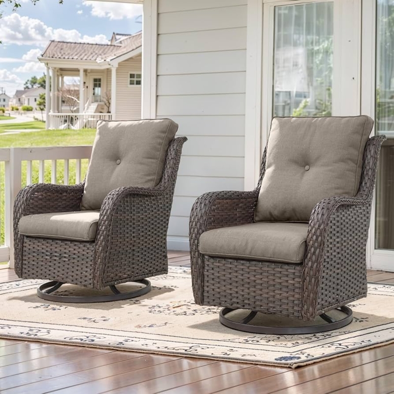 Swivel Patio Chair with Button Tufted Back, Resin Wicker, Taupe Gray