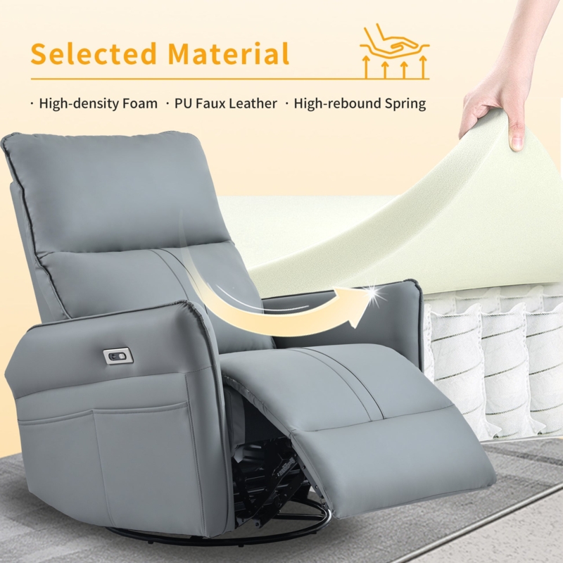Swivel Recliner USB Charging Port Slate Grey Faux Leather
