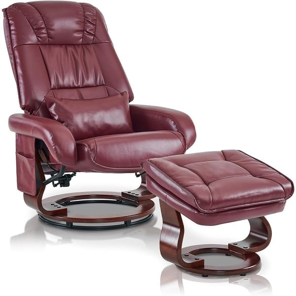 Swivel Recliner with Ottoman, Burgundy Red & Wood Base | Lounge Chair Set