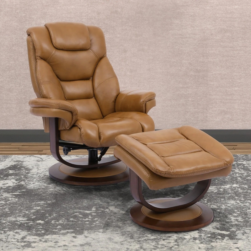 Swivel Recliner with Segmented Backrest & Butterscotch Tan | Wood Base