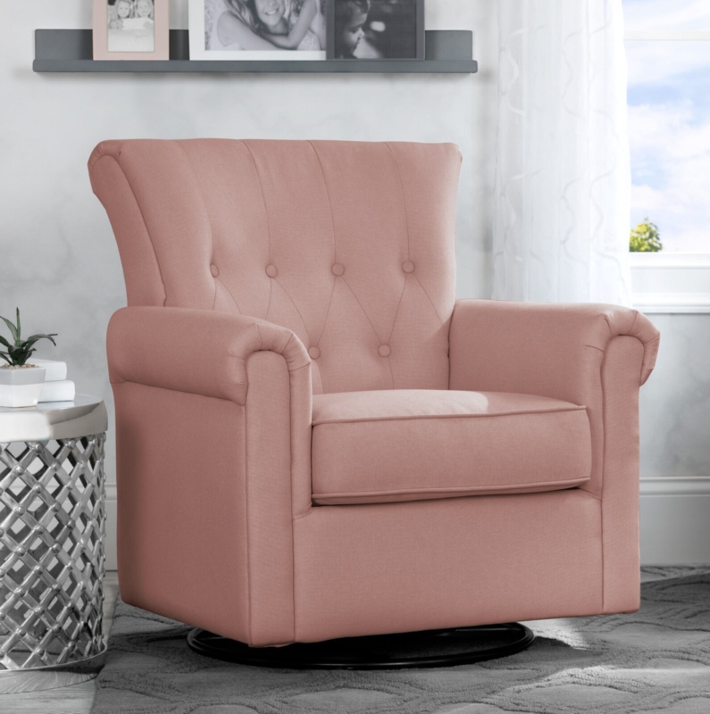 Swivel Rocker Blush Pink Button Tufted Winged Chair